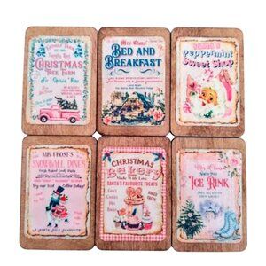 Set Of 6 Vintage Retro 1:12 Scale Dollhouse Miniature Wood Pink Christmas Signs